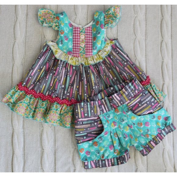 Handmade USA OLIVE MAE Boutique Back To School Tunic Top & Shorts Set Size 4T 3T